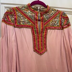Vintage Malcolm Starr Embroidered Pink long dress with Colorful Accents